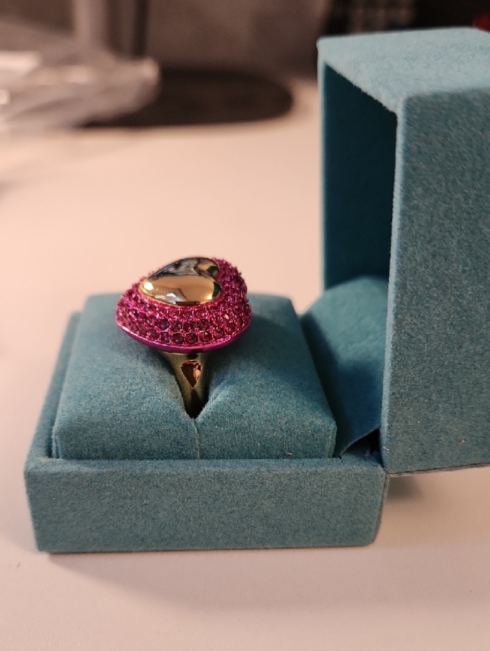 Kurt Geiger Hot Pink Crystal Heart Ring with Gold Center - Picture 3 of 5